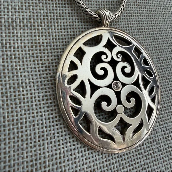 Brighton Contempo Medallion Rhinestone Charm Necklace Oval Silver Plated Scroll